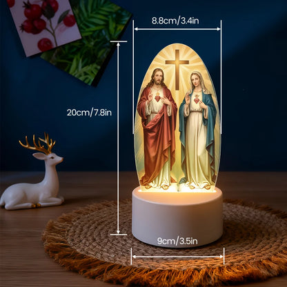 Luz Noturna de LED 2D de Jesus e Virgem Maria em Estilo Boho // Acrílico c/ Alimentação USB // Luminária de Mesa Inspiradora para Quartos