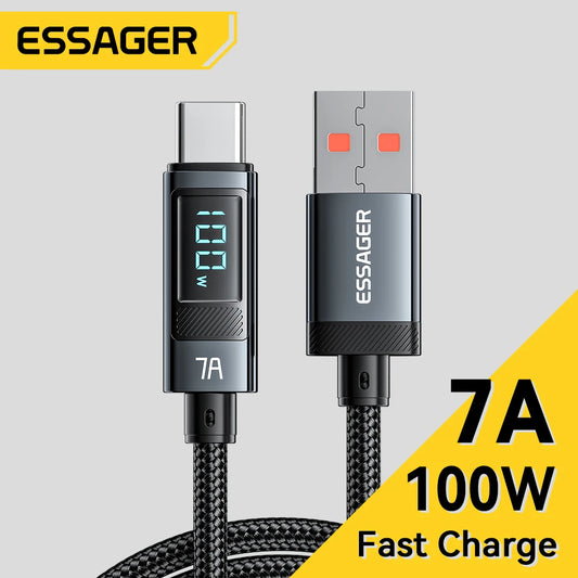 Cabo USB Tipo C Essager 7A 100W Carregador USB C // Dados para Realme Huawei P40 30 Pro // Cabo de Carregamento Rápido 66W Samsung / Xiaomi / Poco