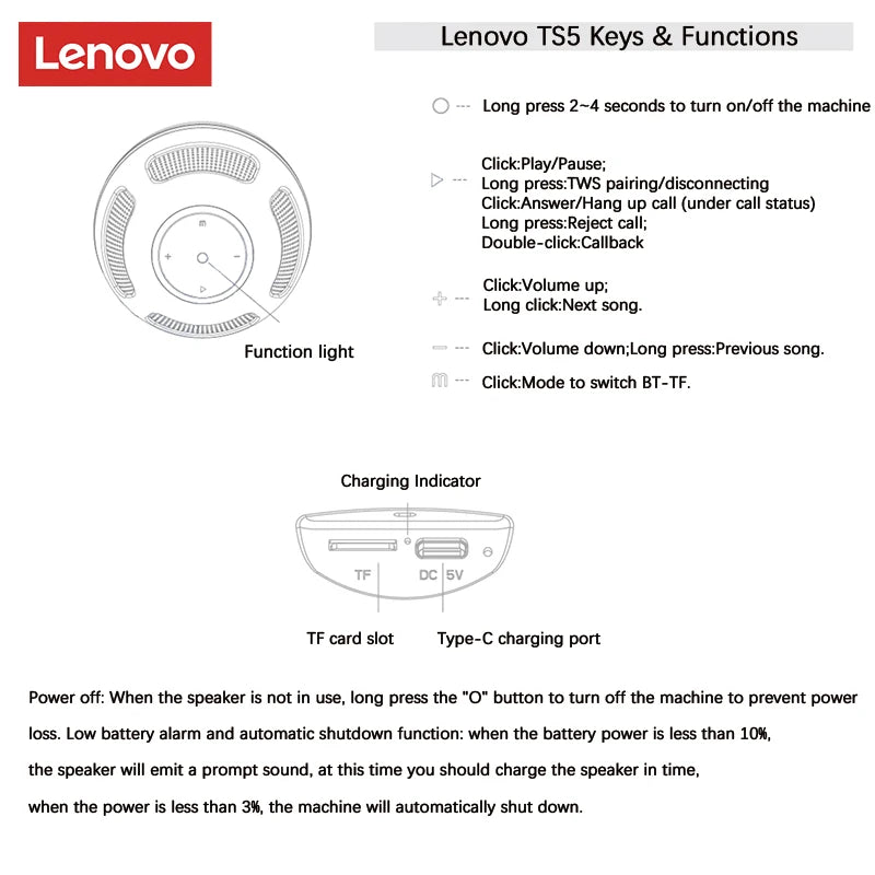 Alto-Falante Externo de Longa Duração Original Lenovo TS5 Bluetooth V5.3 // Alto-Falante Subwoofer Reprodutor de Som Surround Portátil