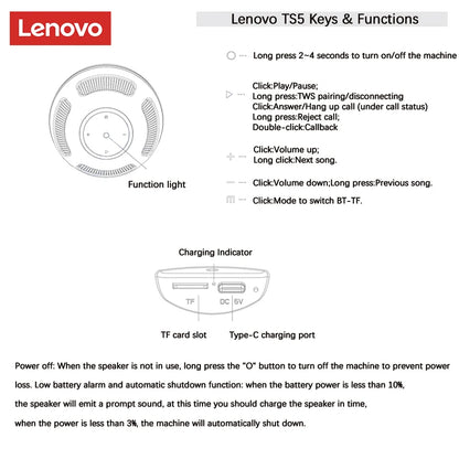 Alto-Falante Externo de Longa Duração Original Lenovo TS5 Bluetooth V5.3 // Alto-Falante Subwoofer Reprodutor de Som Surround Portátil