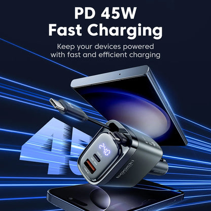 Carregador Veicular Toocki 105W com Cabo Retrátil USB-C (0,75m) e Carregamento Rápido // PD 45W, QC 3.0, SCP, SFC2.0 e PPS para iPhone 17/16, Samsung e Tablet