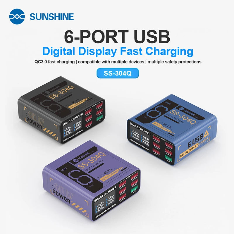 Carregador Portátil SUNSHINE SS-304Q c/ 6 portas USB // Visor Digital e Carregamento Rápido QC3.0 // Compatível c/ Diversos Dispositivos.