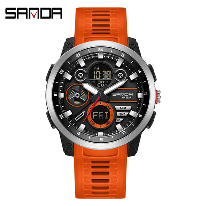 SANDA 3379 Relógio Eletrônico Masculino de Luxo c/ Display Duplo // Esportivo // Multifuncional // À Prova d'Água, LED // Relógio Eletrônico Masculino