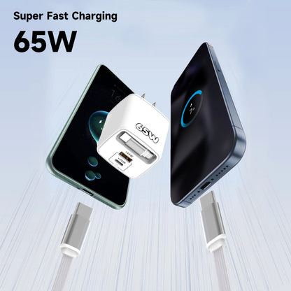 Carregador de Parede USB-C PD de 65W com Cabo USB-C Retrátil e Quick Charge 3.0 // Para iPhone 17 Pro, Samsung e Xiaomi // Padrões UE