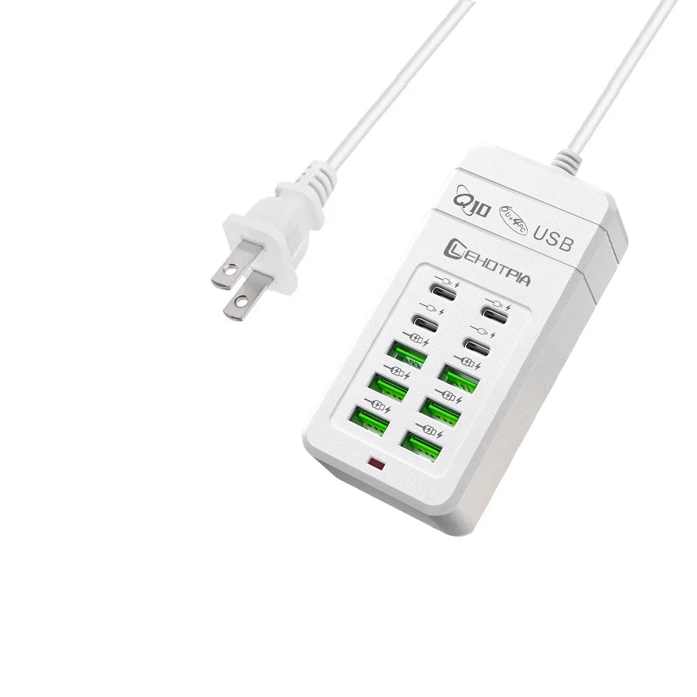 Carregador USB Rápido c/ Múltiplas Tomadas (UE) // Cabo de Extensão de 1,2 m c/ 6 Portas USB-A e 4 USB-C // Portátil p/ Celulares e Tomadas USB.