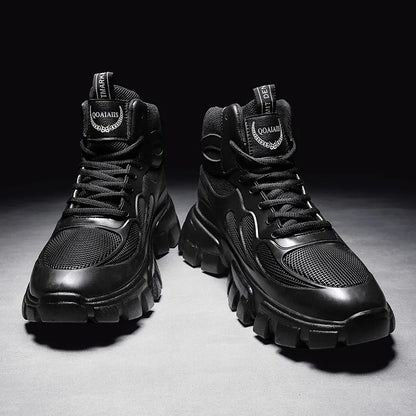 Botas de Couro Preto de Plataforma CHAXIAOA // Esportes ao ar livre // Aumentado / Antiderrapantes // Novos Sapatos de Forma Redonda Alta para Esportes Radicais