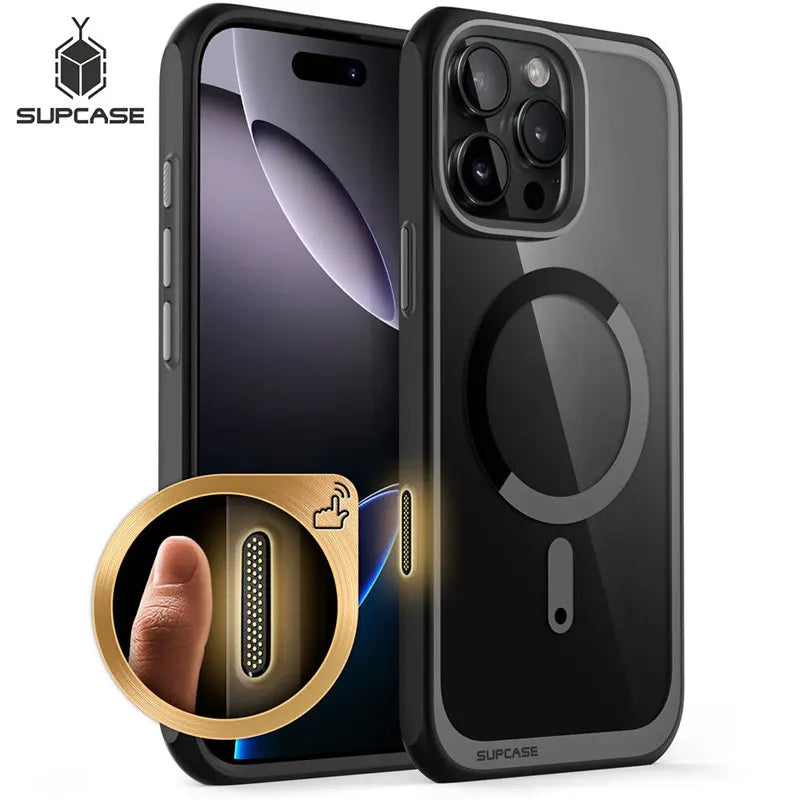 Capa SUPCASE para iPhone 16 Pro Max com botão de controle da câmera, design fino e resistente a impactos, com ímãs.