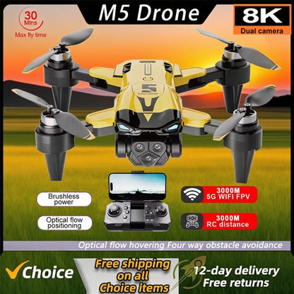 Drone Profissional M5 8K c/ Grande Angular // Três Câmeras // Prevenção de Obstáculos // GPS 5G // Posicionamento de Fluxo Óptico // Quadricóptero RC s/ Escovas