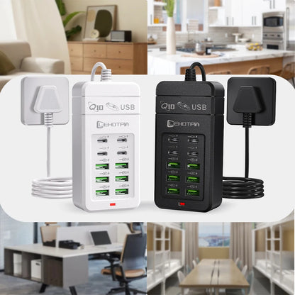 Carregador USB Rápido c/ Múltiplas Tomadas (UE) // Cabo de Extensão de 1,2 m c/ 6 Portas USB-A e 4 USB-C // Portátil p/ Celulares e Tomadas USB.