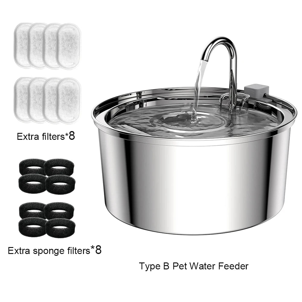 Fonte de Água Automática e Recarregável p/ Pets (Cães e Gatos) // Aço Inoxidável, 3,2 L (108 oz), Sem Fio, 5V, c/ Sensor de Movimento