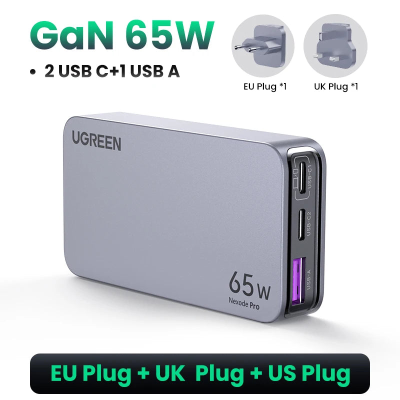 Carregador UGREEN 65W GaN Quick Charge 4.0 3.0 USB C // Para iPhone 17 16 15 Pro M // PD 3.0 // Carregador Rápido p/ Macbook, Laptop e Tablet.