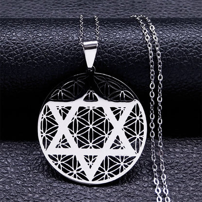 Mandala de Geometria Sagrada Flor da Vida 2023 // Aço Inoxidável Metatron // Colares de LOVELY FAJA  // Colar Longo de Contas Pretas // Lindas e Exclusivas Joias flor de la vida. Escolha já a sua!!!