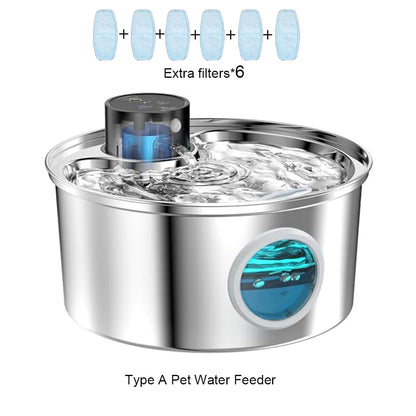 Fonte de Água Automática e Recarregável p/ Pets (Cães e Gatos) // Aço Inoxidável, 3,2 L (108 oz), Sem Fio, 5V, c/ Sensor de Movimento