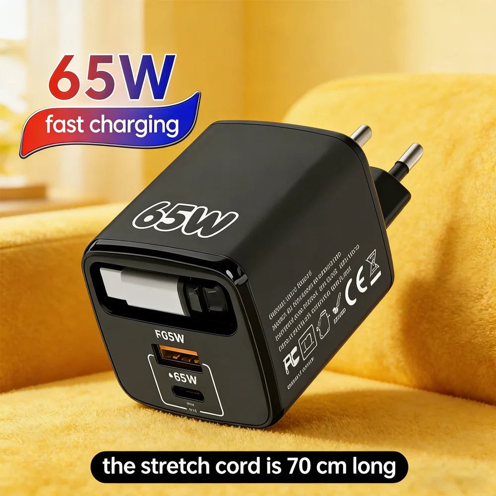 Carregador de Parede USB-C PD de 65W com Cabo USB-C Retrátil e Quick Charge 3.0 // Para iPhone 17 Pro, Samsung e Xiaomi // Padrões UE