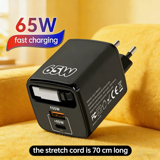 Carregador de Parede USB-C PD de 65W com Cabo USB-C Retrátil e Quick Charge 3.0 // Para iPhone 17 Pro, Samsung e Xiaomi // Padrões UE