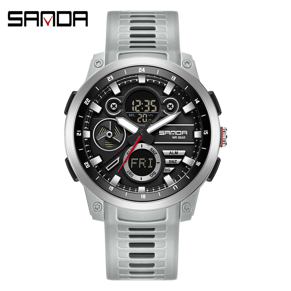 SANDA 3379 Relógio Eletrônico Masculino de Luxo c/ Display Duplo // Esportivo // Multifuncional // À Prova d'Água, LED // Relógio Eletrônico Masculino