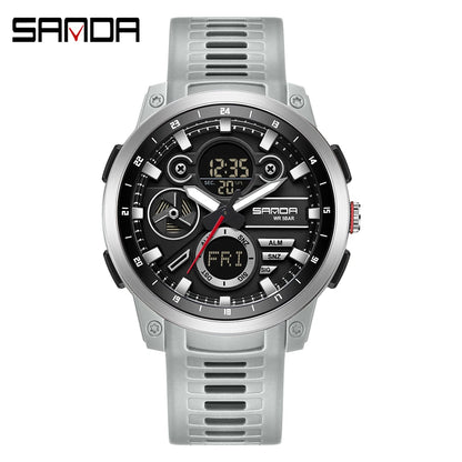 SANDA 3379 Relógio Eletrônico Masculino de Luxo c/ Display Duplo // Esportivo // Multifuncional // À Prova d'Água, LED // Relógio Eletrônico Masculino