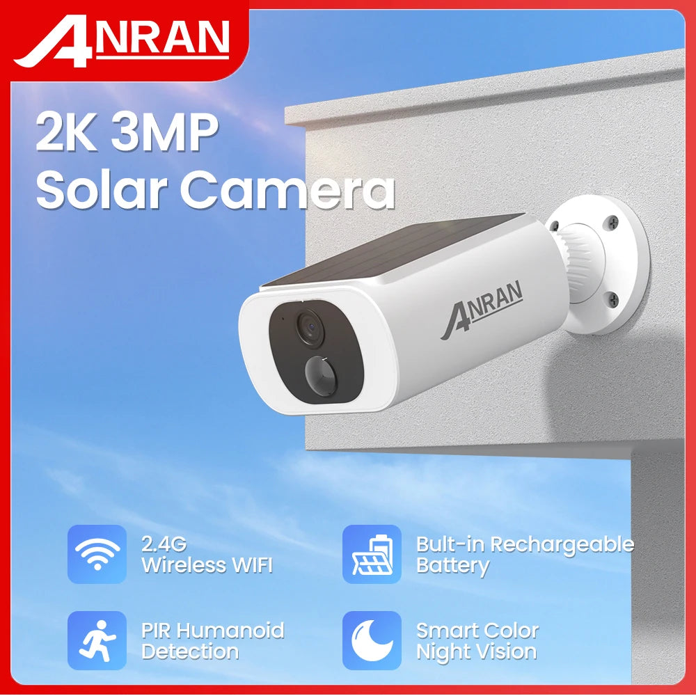 ANRAN Outdoor Solar Security Camera with Battery 3MP 2.4G WIFI Camera Battery Cloud Storage Color Night Vision Can't Add NVR