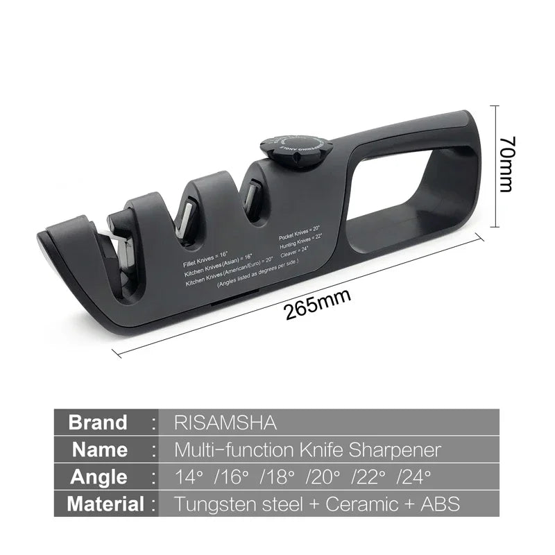 Amolador de Faca de Cozinha Multifuncional Risam // Sistema de Afiação de Faca 14 ~ 24 graus // Ângulo Ajustável em 3 Estágios // Aço de Tungstênio e Cerâmica