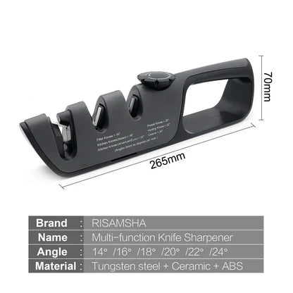 Amolador de Faca de Cozinha Multifuncional Risam // Sistema de Afiação de Faca 14 ~ 24 graus // Ângulo Ajustável em 3 Estágios // Aço de Tungstênio e Cerâmica