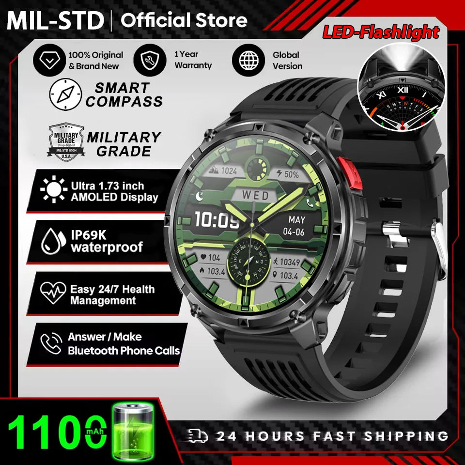 Novo Smartwatch Masculino AMOLED de 1100mAh (2026) // Com mais de 170 Recursos p/ Esportes e fitnessM // Lanterna LED // Classificação IP69 de Resistência à Água // Chamadas Bluetooth e GPS // Compatível com iOS.