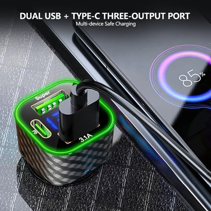 Carregador de Celular p/ Carro // Carga Super Rápida de 380 W // 4 em 1 USB C Dual PD c/ Display de Voltagem // Adaptador para iPhone, Xiaomi, Oppo, Samsung