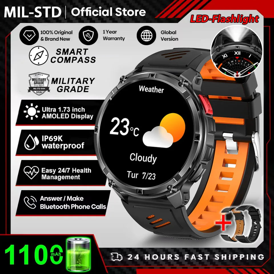 Novo Smartwatch Masculino AMOLED de 1100mAh (2026) // Com mais de 170 Recursos p/ Esportes e fitnessM // Lanterna LED // Classificação IP69 de Resistência à Água // Chamadas Bluetooth e GPS // Compatível com iOS.