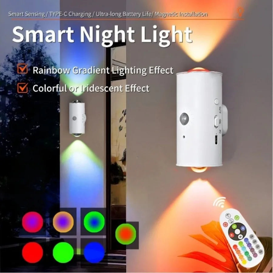 Luminária de Parede Inteligente c/ Sensor Infravermelho e Carregamento // Instalação Magnética Autoadesiva // Holofote RGB // Ideal p/ Decoração // Iluminação Ambiente e Luz Noturna.
