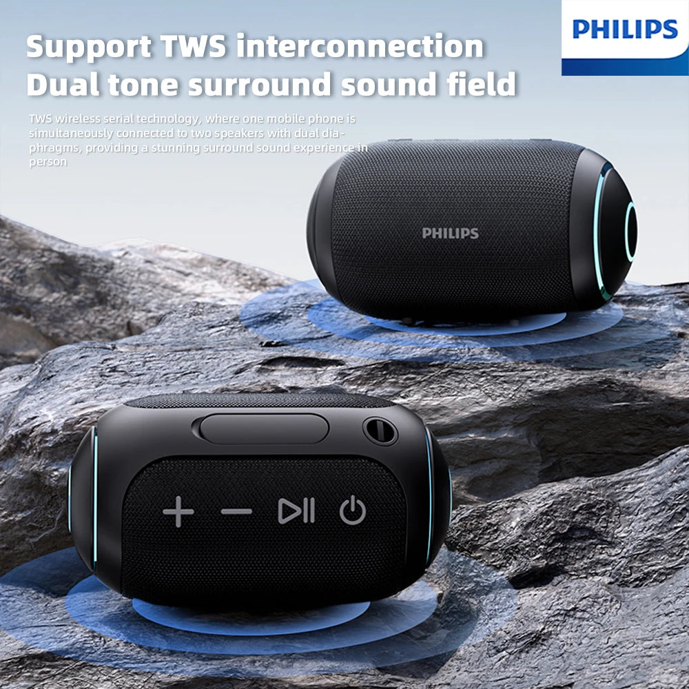 Caixa de Som Portátil Sem Fio Philips TAS3209 p/ Uso Externo // Com Iluminação Colorida // Bateria de 1800mAh e Som Incrível p/ Acampamentos