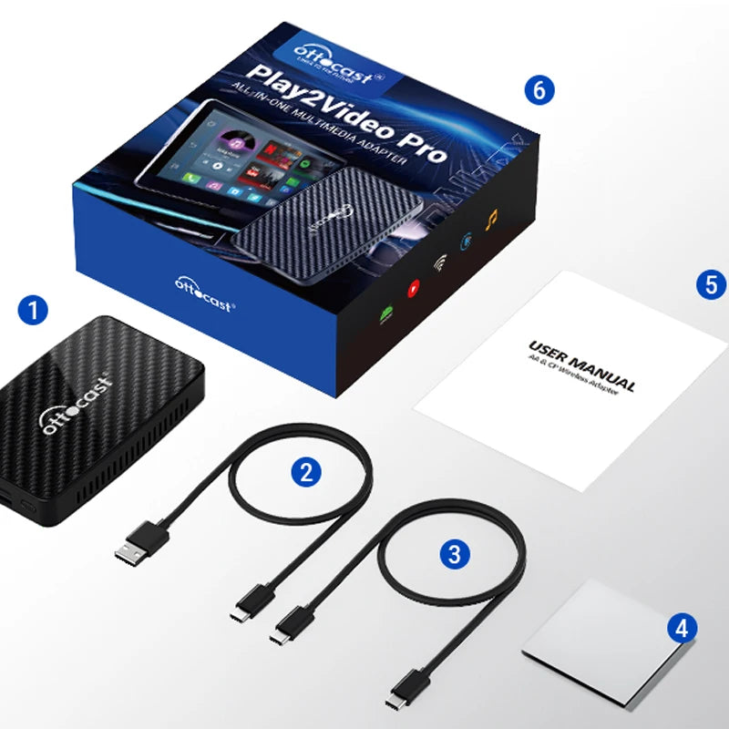 OTTOCAST Play2Video Pro Android Ai Box Pro // Com YouTube, Netflix e TikTok Integrados // IPTV, Conexão com Fio para Sem Fio e CarPlay // Acessórios p/ Carro.