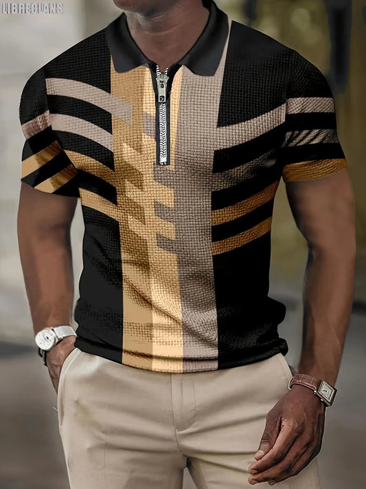 Camisa Polo Masculina de Manga Curta // Verão, Retrô, Listrada, 3D, c/ Zíper, Lapela, Slim, 2025