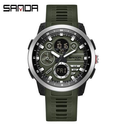 SANDA 3379 Relógio Eletrônico Masculino de Luxo c/ Display Duplo // Esportivo // Multifuncional // À Prova d'Água, LED // Relógio Eletrônico Masculino
