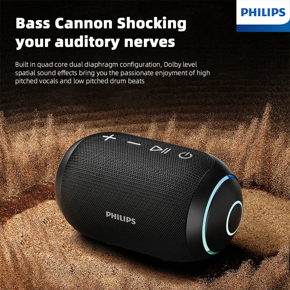 Caixa de Som Portátil Sem Fio Philips TAS3209 p/ Uso Externo // Com Iluminação Colorida // Bateria de 1800mAh e Som Incrível p/ Acampamentos