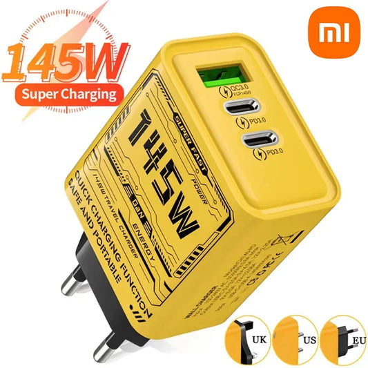 Xiaomi 145 W NOVO Carregador Ultra Rápido 3 portas PD USB // Carregador de Celulares UE // Adaptador de Parede p/ iPhone / Samsung / Huawei
