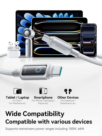 Cabo USB-C Joyroom de 100 W // Com Desligamento Automático e Carregamento Rápido // Compatível com iPhone 16, 15 Pro Max, Xiaomi, Samsung e Huawei.