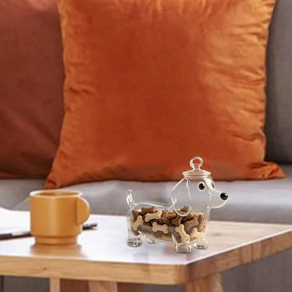 Pote de Vidro p/ Petiscos c/ Tema de Cachorro Dachshund // Com Tampa Hermética // Ideal p/ Armazenar Alimentos e Guloseimas p/ Cães.