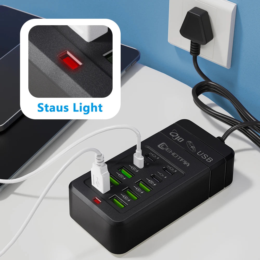 Carregador USB Rápido c/ Múltiplas Tomadas (UE) // Cabo de Extensão de 1,2 m c/ 6 Portas USB-A e 4 USB-C // Portátil p/ Celulares e Tomadas USB.