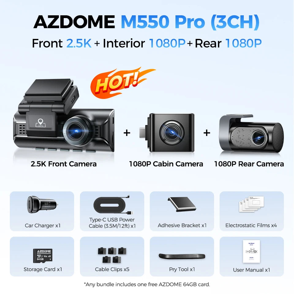 Câmera Veicular AZDOME M550 Pro (Versão Aprimorada) // 4K Frontal, Wi-Fi 5,8 GHz, GPS, Sensor G, Visão Noturna IR e Monitoramento de Estacionamento