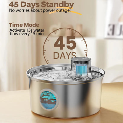 Fonte de Água Automática e Recarregável p/ Pets (Cães e Gatos) // Aço Inoxidável, 3,2 L (108 oz), Sem Fio, 5V, c/ Sensor de Movimento