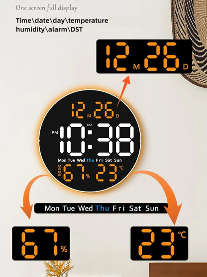 Relógio de parede circular de 10 polegadas com controle remoto, luz ambiente, despertador digital LED, termômetro, higrômetro, timer e data.