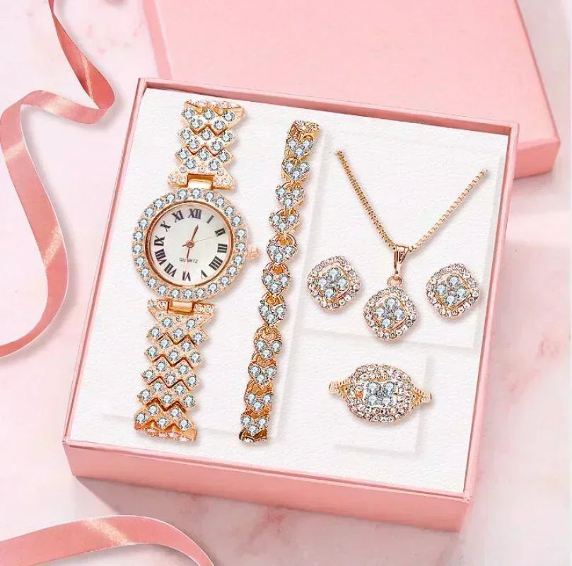 Relógio de Pulso Feminino de Luxo Cristal Completo 5 pçs // Relógio / Colar / Brincos / Anel // Conjunto para Mulheres c/ Strass // Lindo Presentes p/ Mulheres!!!