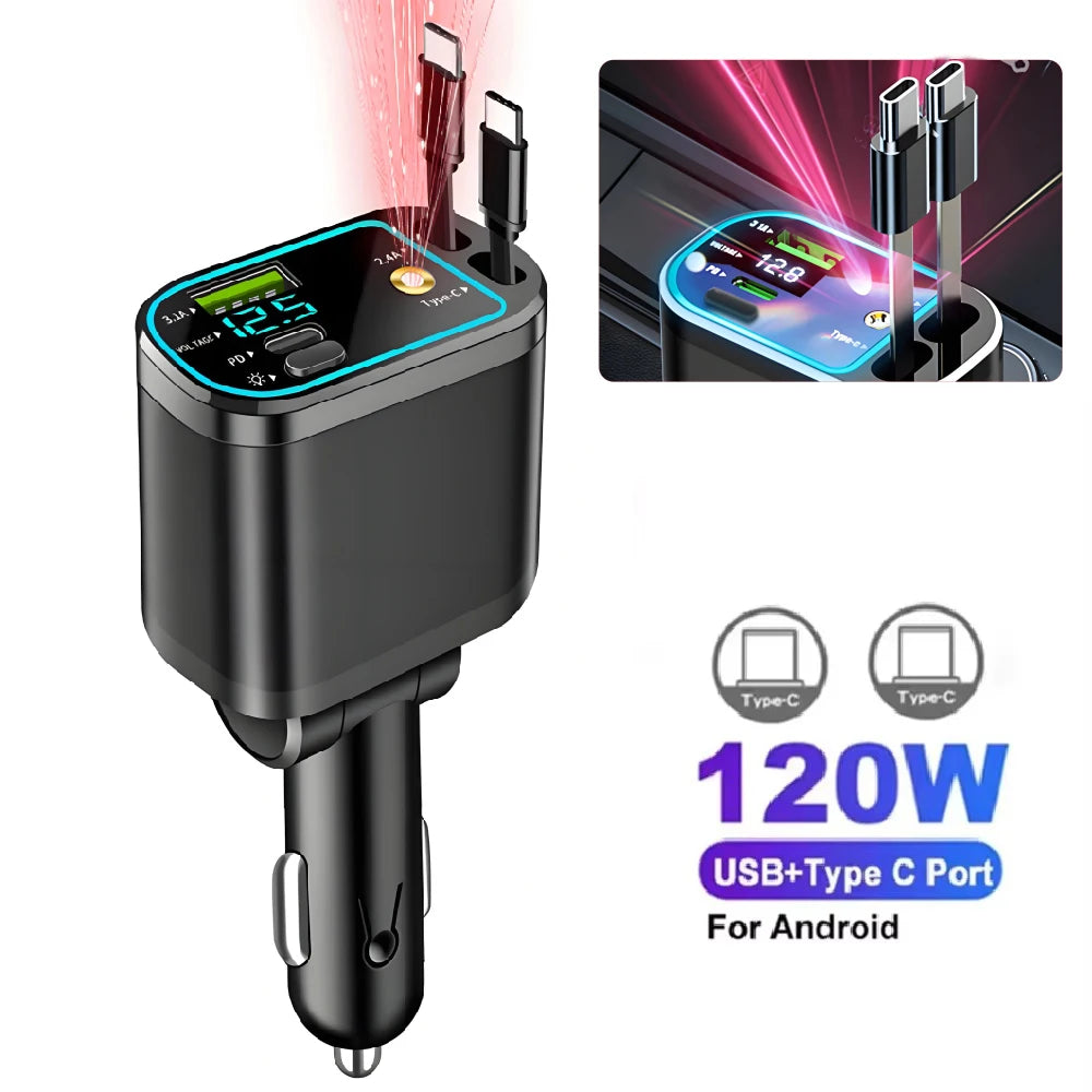 Carregador Veicular 5 em 1 (Máx. 66W) com Cabo Retrátil, PD 30W + 2,4A, Display de Voltagem e Carregamento Super-Rápido de 22,5W para iPhone e Android