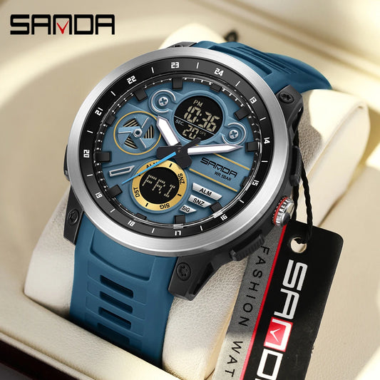 SANDA 3379 Relógio Eletrônico Masculino de Luxo c/ Display Duplo // Esportivo // Multifuncional // À Prova d'Água, LED // Relógio Eletrônico Masculino