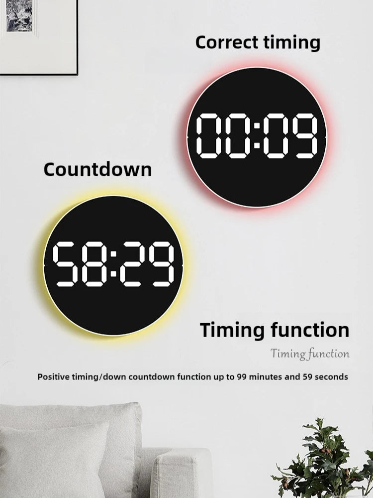 Relógio de parede circular de 10 polegadas com controle remoto, luz ambiente, despertador digital LED, termômetro, higrômetro, timer e data.