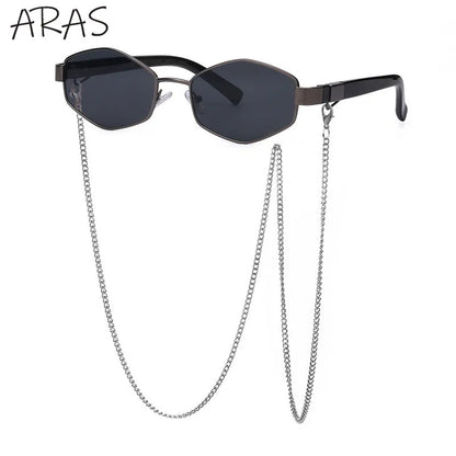 Óculos de Sol Femininos Hexagonais Retrô da Moda com Corrente // Armação Pequena // Designer de Marca 2025