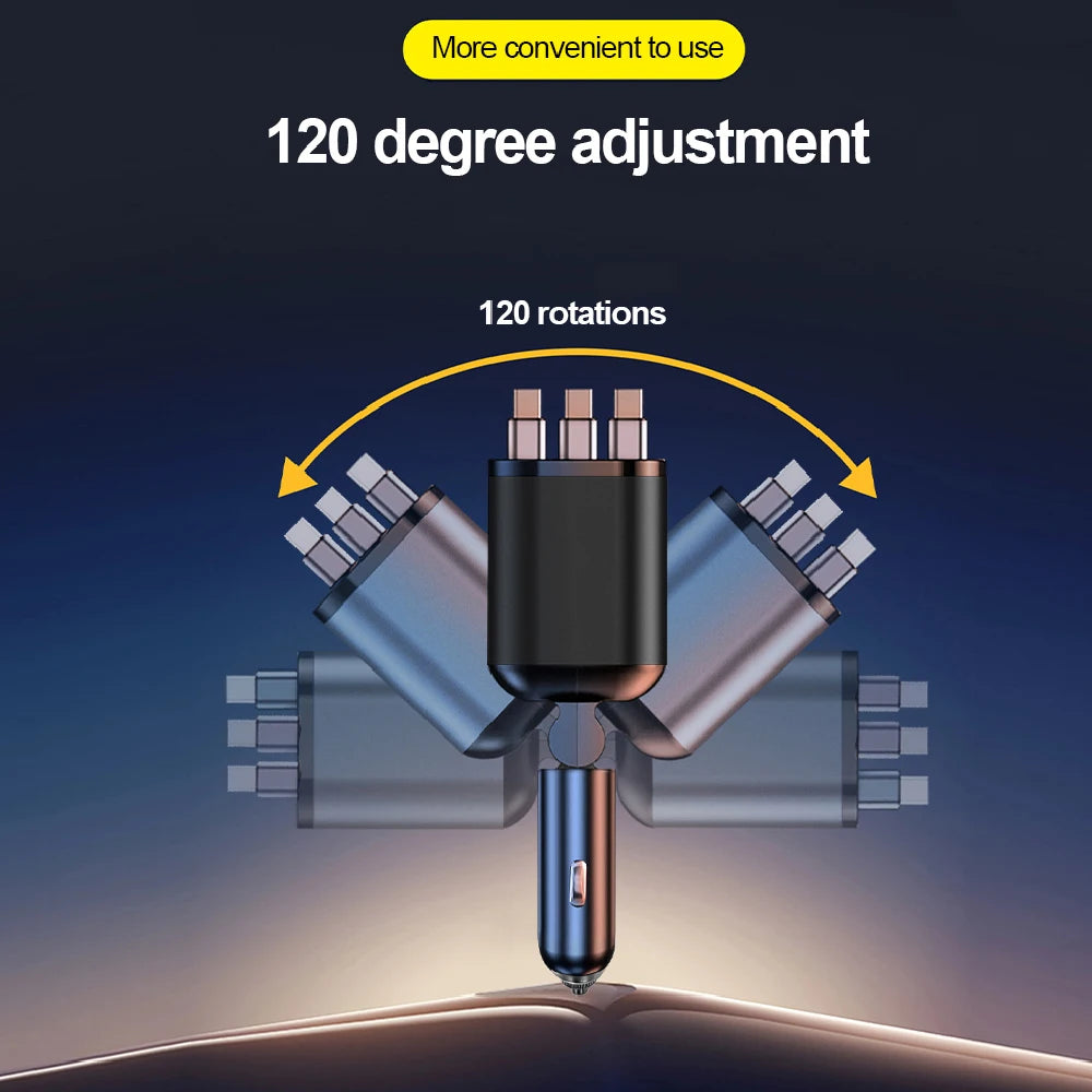 Carregador Veicular 5 em 1 (Máx. 66W) com Cabo Retrátil, PD 30W + 2,4A, Display de Voltagem e Carregamento Super-Rápido de 22,5W para iPhone e Android