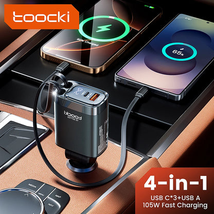Carregador de Carro Toocki 105W 4 em 1 c/ Tela Digital // Carregamento Rápido // Cabo Duplo tipo C c/ cabo Retrátil p/ iPhone 16, 15 e 14 Xiaomi