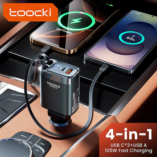 Carregador de Carro Toocki 105W 4 em 1 c/ Tela Digital // Carregamento Rápido // Cabo Duplo tipo C c/ cabo Retrátil p/ iPhone 16, 15 e 14 Xiaomi