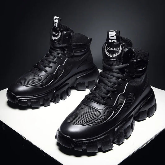 Botas de Couro Preto de Plataforma CHAXIAOA // Esportes ao ar livre // Aumentado / Antiderrapantes // Novos Sapatos de Forma Redonda Alta para Esportes Radicais