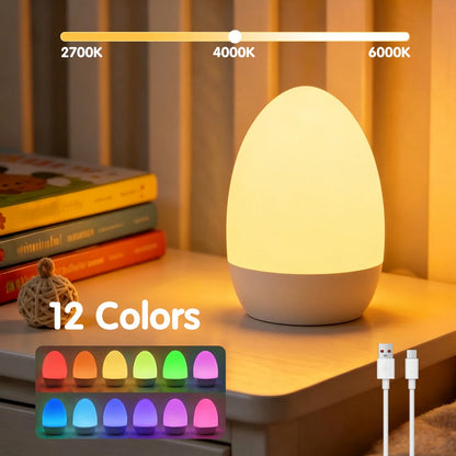 Luz Noturna Infantil em Formato de Ovo // Ideal p/ Amamentação e Presente // 3 Temperaturas de Cor e 12 Cores RGB // Toque Suave (Textura Agradável) // Iluminação Ambiente p/ o Quarto